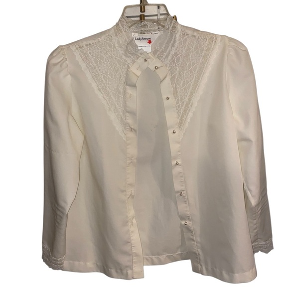 vintage 70s off white  lace victoria inspired pearl button mock neck blouse . - Picture 3 of 8